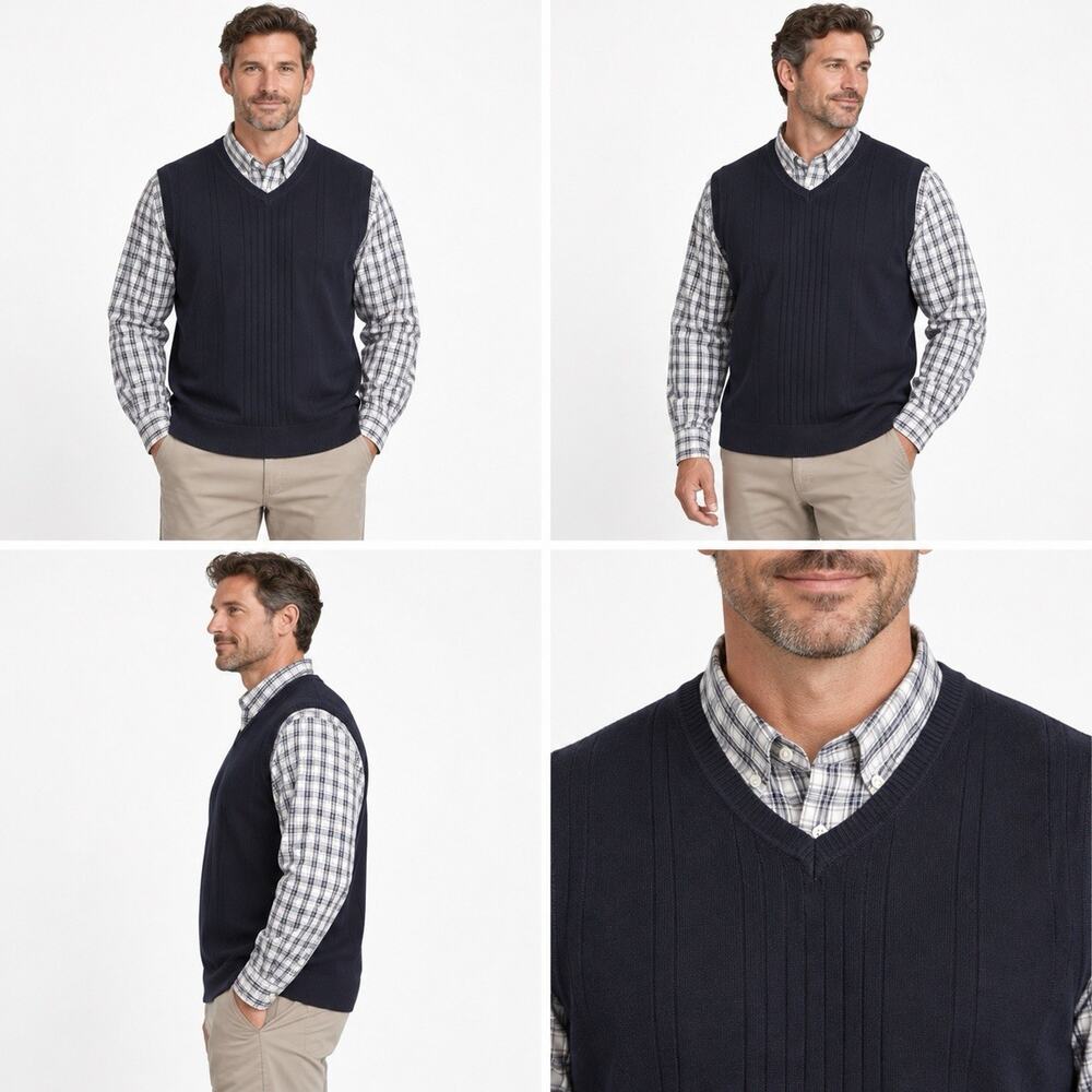David Taylor Sweater Shirt Mens XLT Navy Plaid Layered Look V Neck Long Sleeve